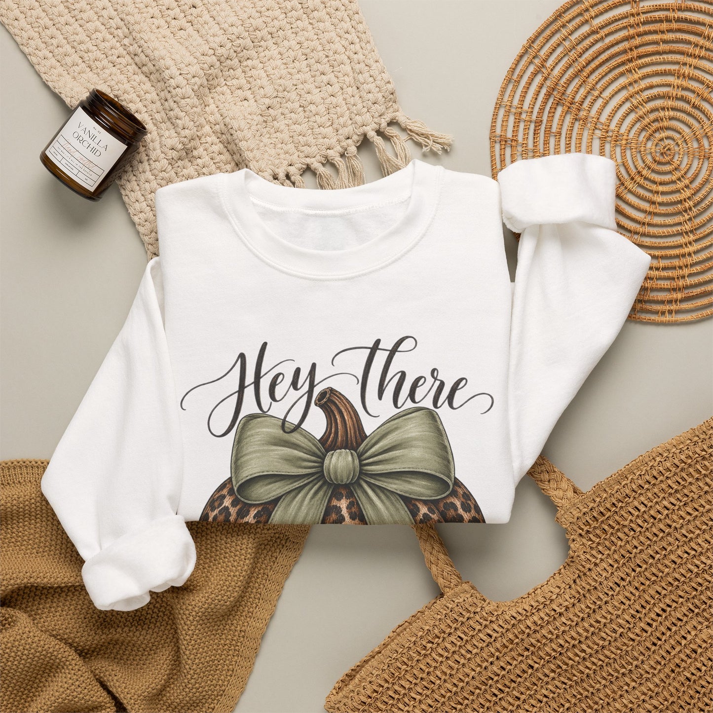 GILDAN - Hey There Pumpkin Sweatshirt — Leopard Pumpkin with Olive Bow Fall Crewneck