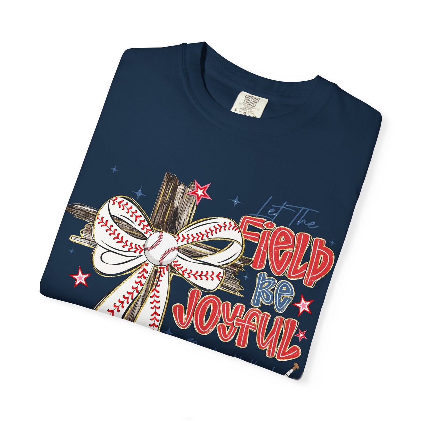 COMFORT COLORS - Baseball Crossbow T-Shirt — "Let the Field Be Joyful" Patriotic Sports Tee