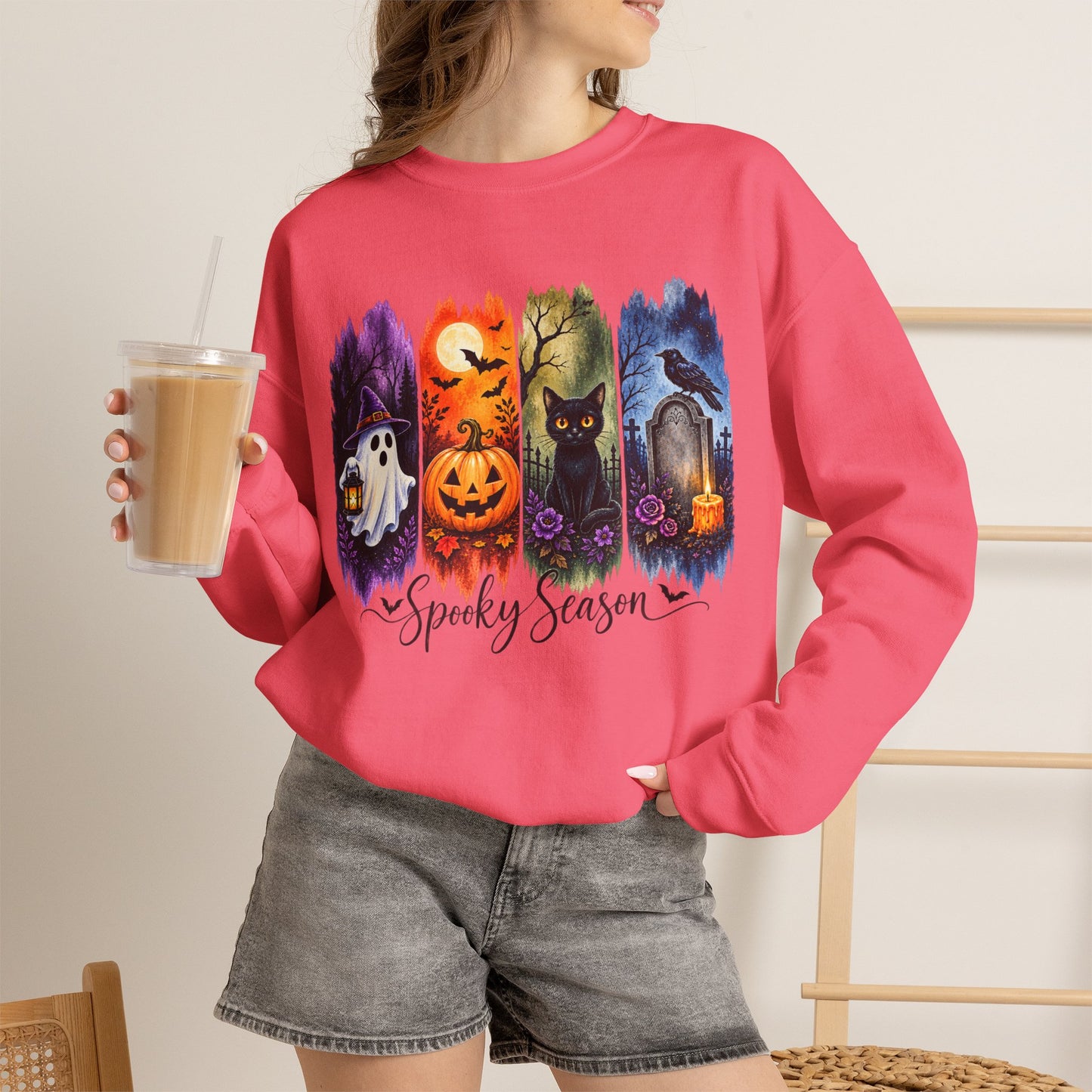 GILDAN - Spooky Season Halloween Crewneck Sweatshirt — Ghost, Jack-O'-Lantern & Black Cat Design