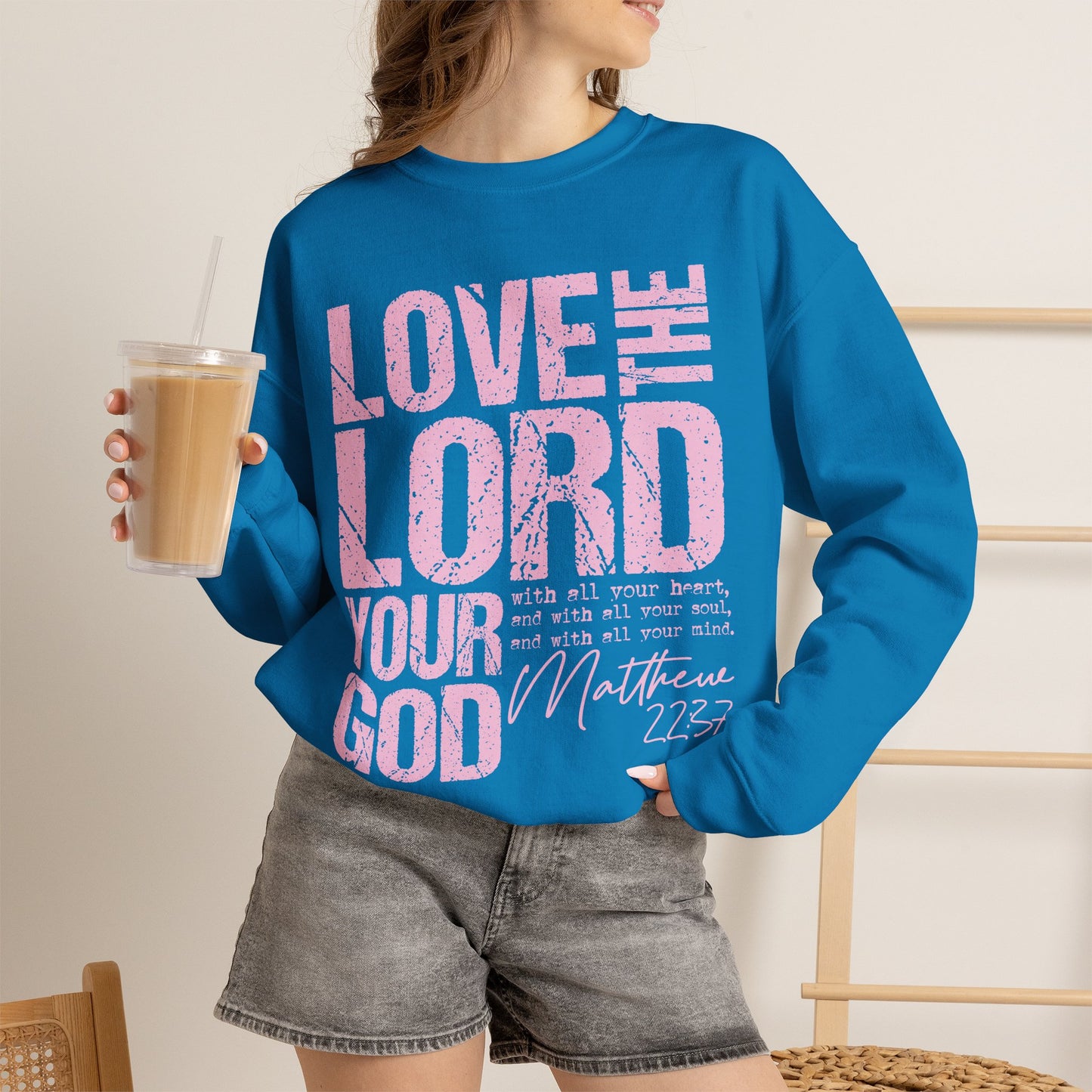 GILDAN - Christian Crewneck Sweatshirt — "Love the Lord Your God" Pink Scripture Graphic