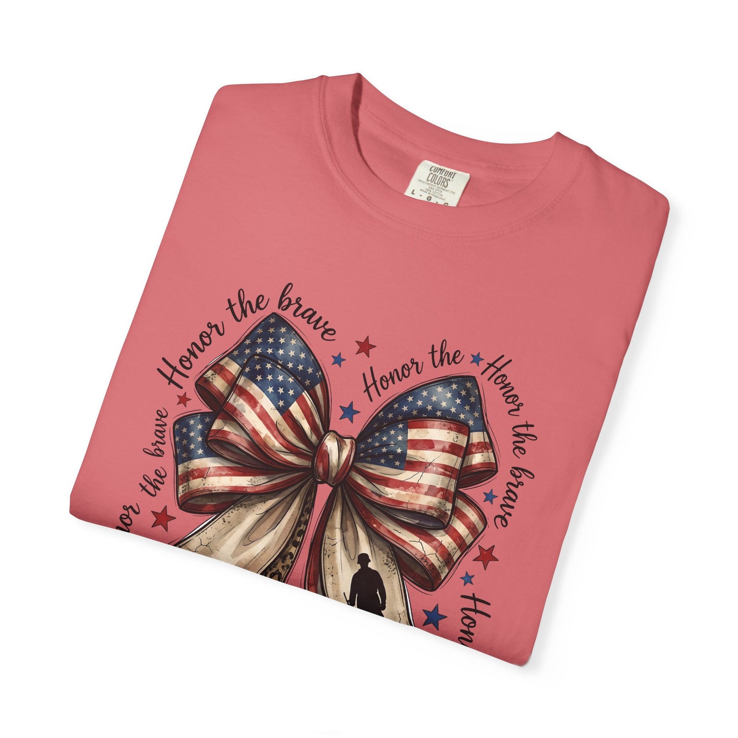 COMFORT COLORS - Patriotic American Flag Bow T-Shirt — "Home of the Brave" Fourth of July Tee