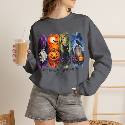 GILDAN - Spooky Season Halloween Crewneck Sweatshirt — Ghost, Jack-O'-Lantern & Black Cat Design