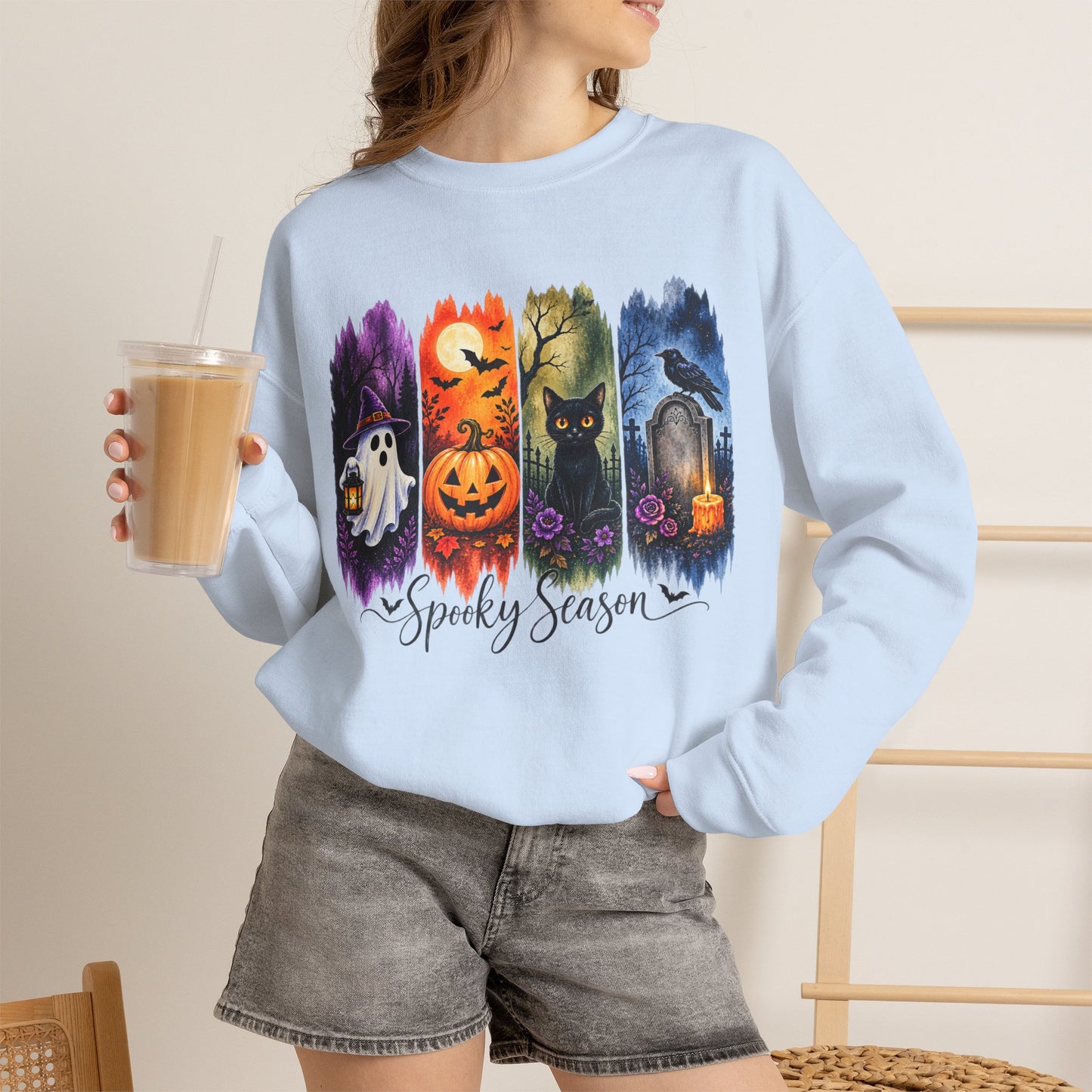GILDAN - Spooky Season Halloween Crewneck Sweatshirt — Ghost, Jack-O'-Lantern & Black Cat Design