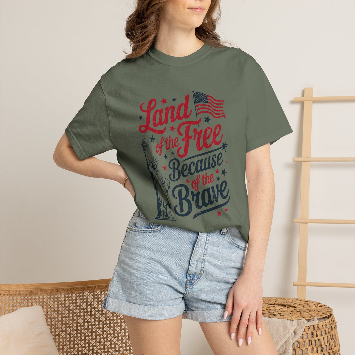 COMFORT COLORS - Land of the Free Because of the Brave T-Shirt — Patriotic Statue of Liberty Graphic Tee