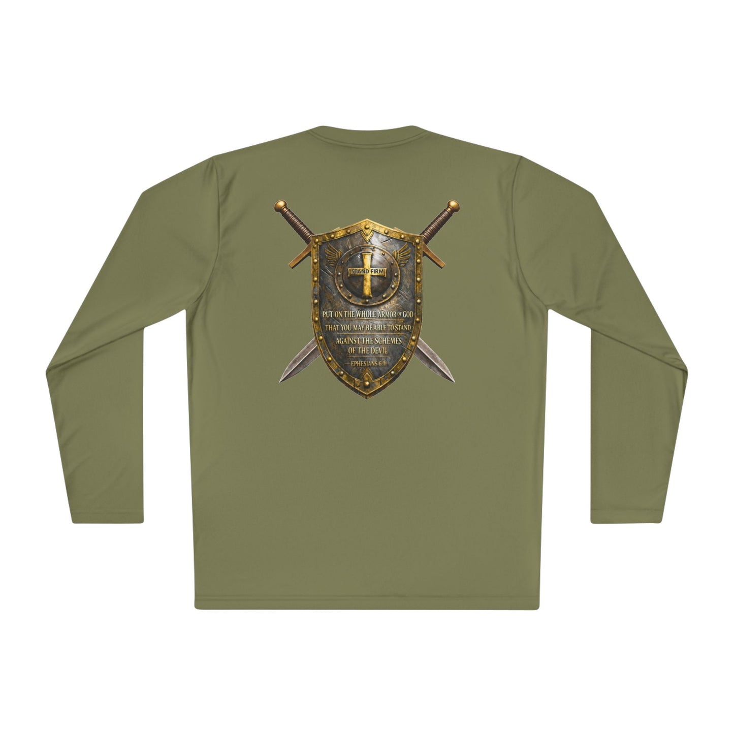 Christian Shield & Swords Long Sleeve Tee — "Get Down on Your Knees" Faith Graphic