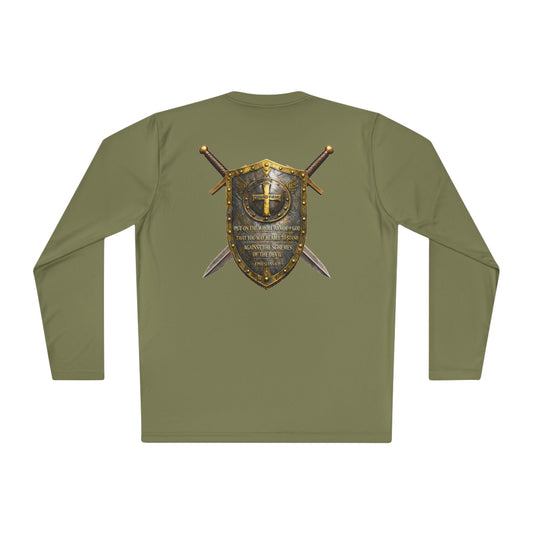 Christian Shield & Swords Long Sleeve Tee — "Get Down on Your Knees" Faith Graphic