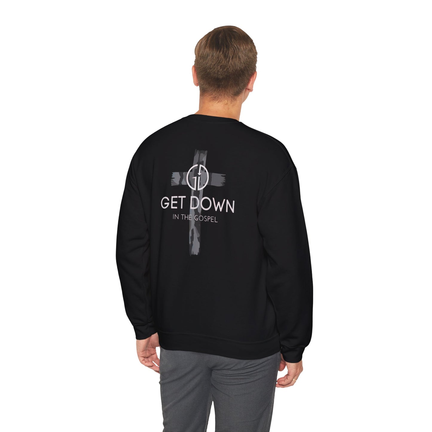 GILDAN - GET DOWN IN THE GOSPEL ADULT SWEATSHIRT GRAY CAMO CROSS