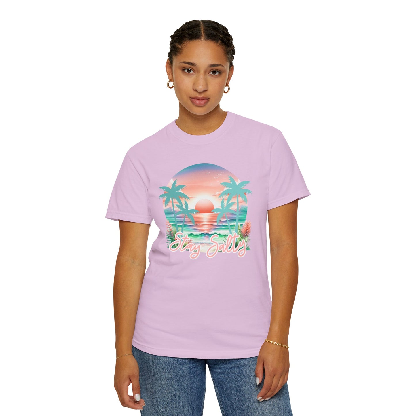 COMFORT COLORS - Stay Salty Beach T-Shirt — Retro Sunset Palm Tee
