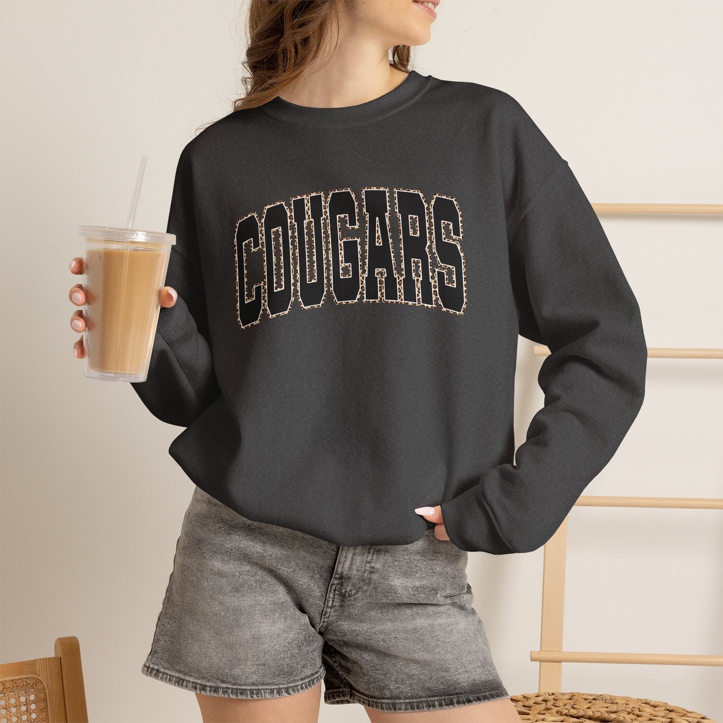 GILDAN - Cougars Crewneck Sweatshirt — BLACK LETTERS LEOPARD OUTLINE - Vintage Collegiate Team Pullover