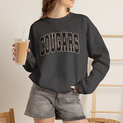 GILDAN - Cougars Crewneck Sweatshirt — BLACK LETTERS LEOPARD OUTLINE - Vintage Collegiate Team Pullover
