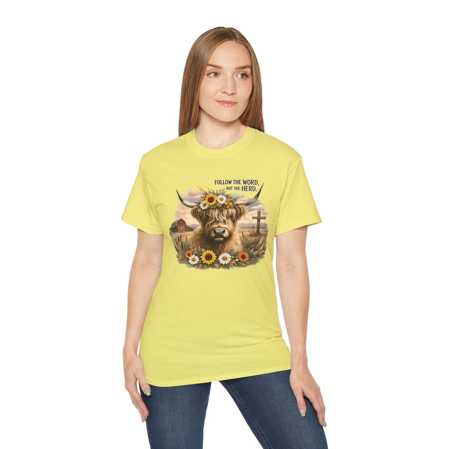 Cow Floral Tee — "Follow the Word, Not the Herd" Graphic T-Shirt