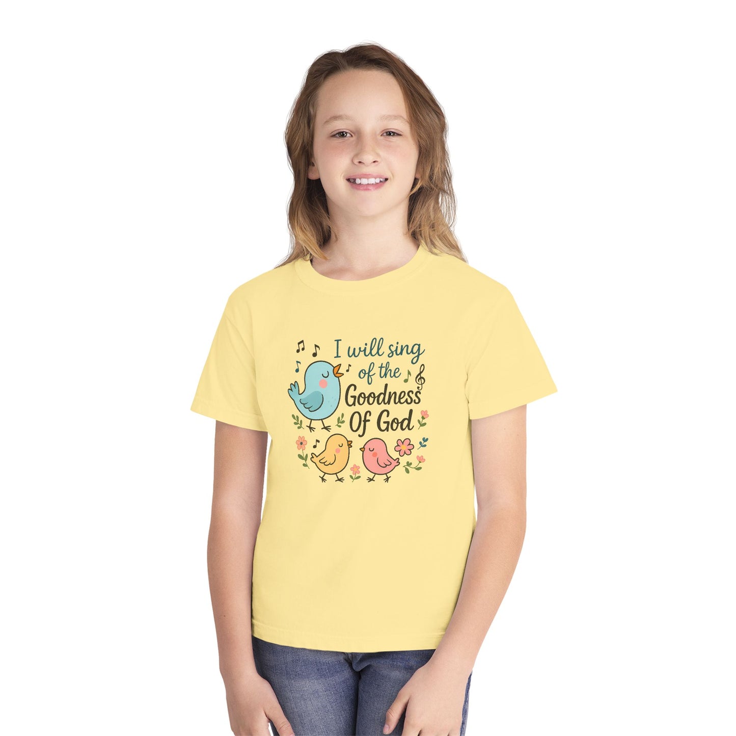 COMFORT COLORS - Youth Tee — "I Will Sing of the Goodness of God" Cute Bird Christian Kids Shirt