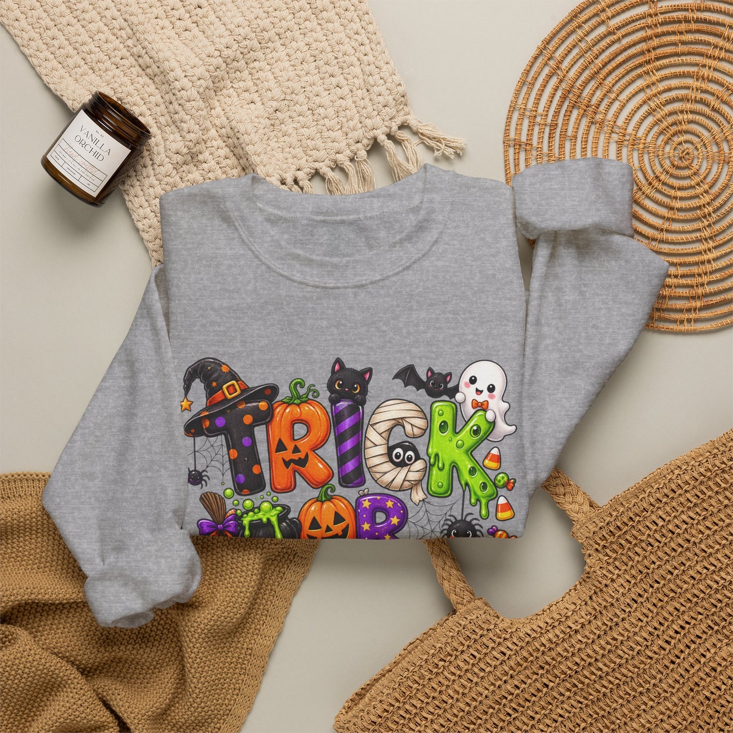 GILDAN - Halloween "Trick or Treat" Crewneck Sweatshirt - Cute Spooky Candy Graphic