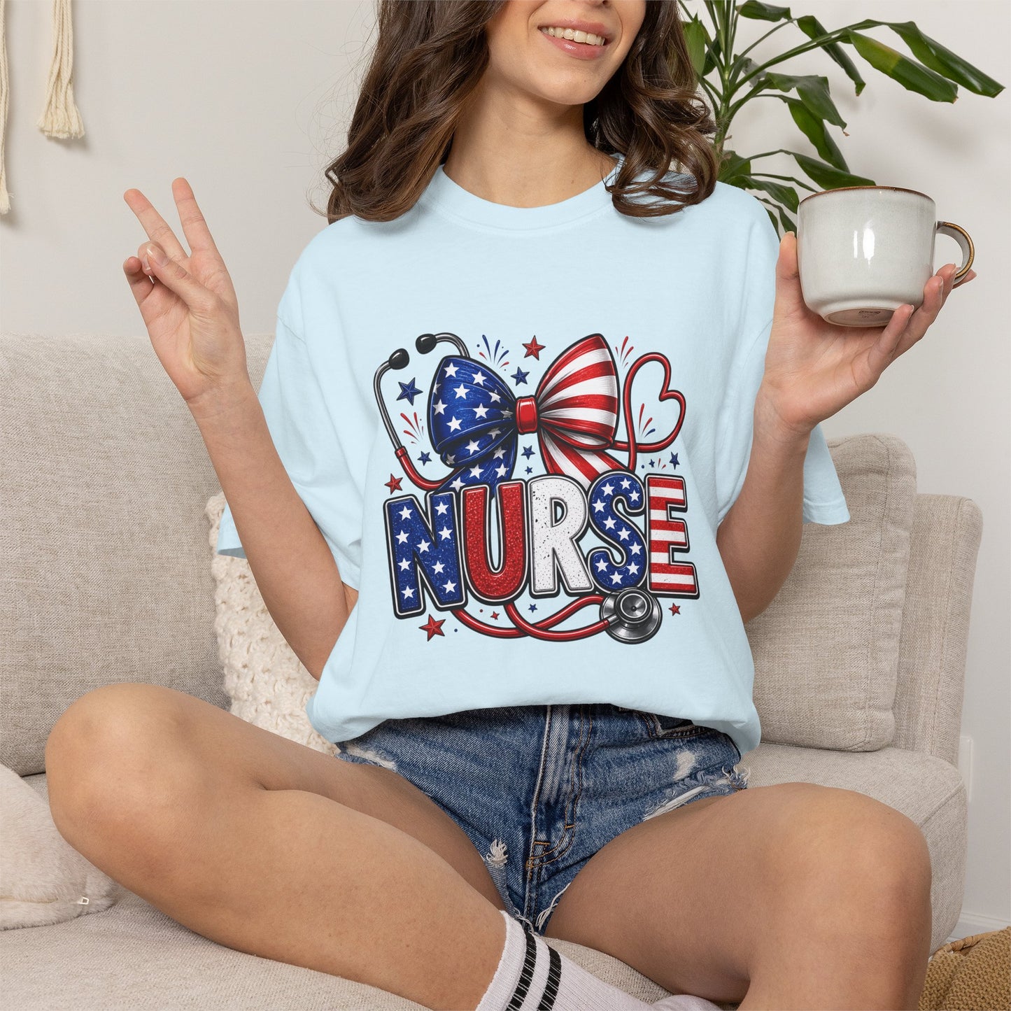 COMFORT COLORS - American Flag Nurse T-Shirt – Patriotic Stethoscope & Bow Healthcare Tee