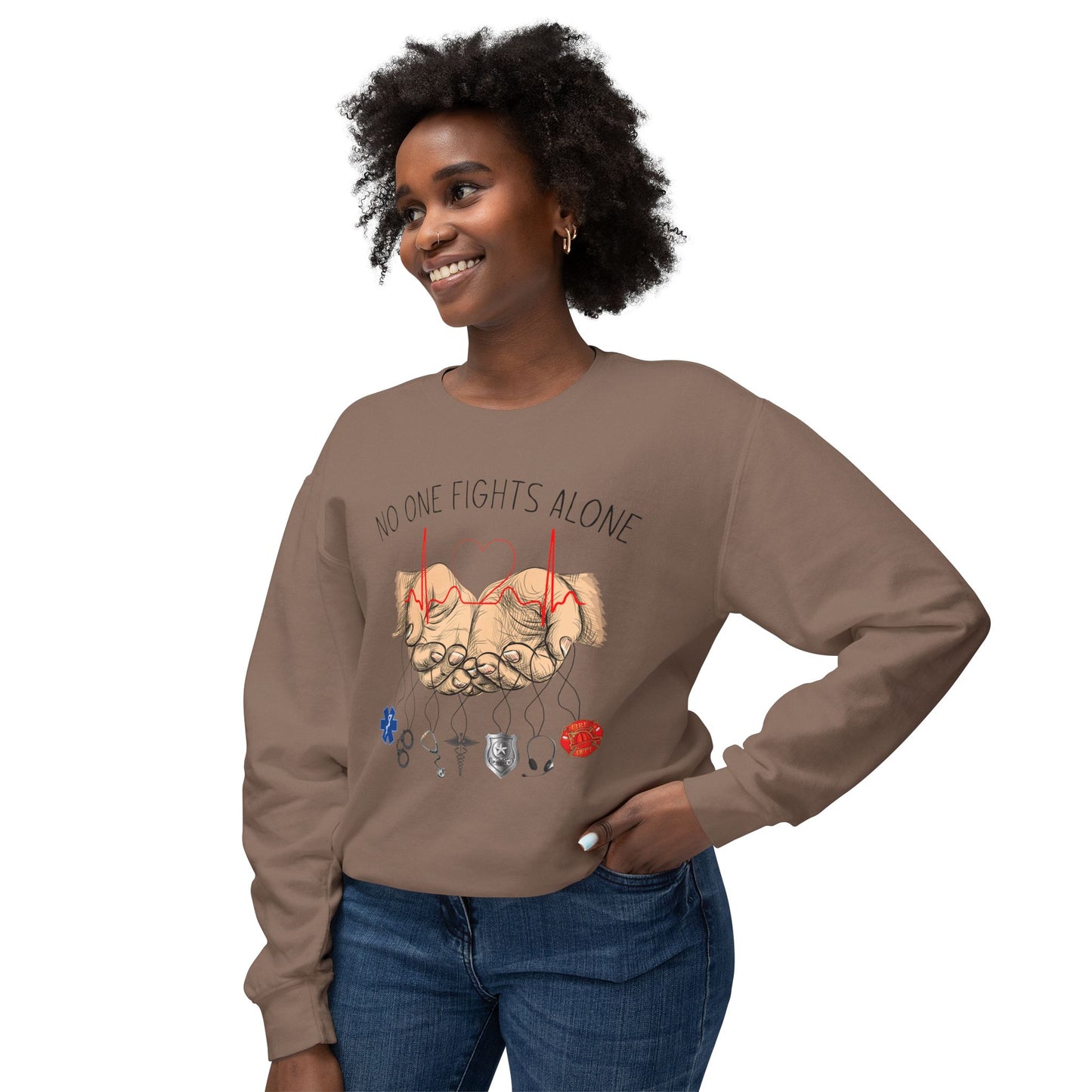 COMFORT COLORS -Crewneck Sweatshirt — "No One Fights Alone" Hands & Medical Symbols Support Pullover