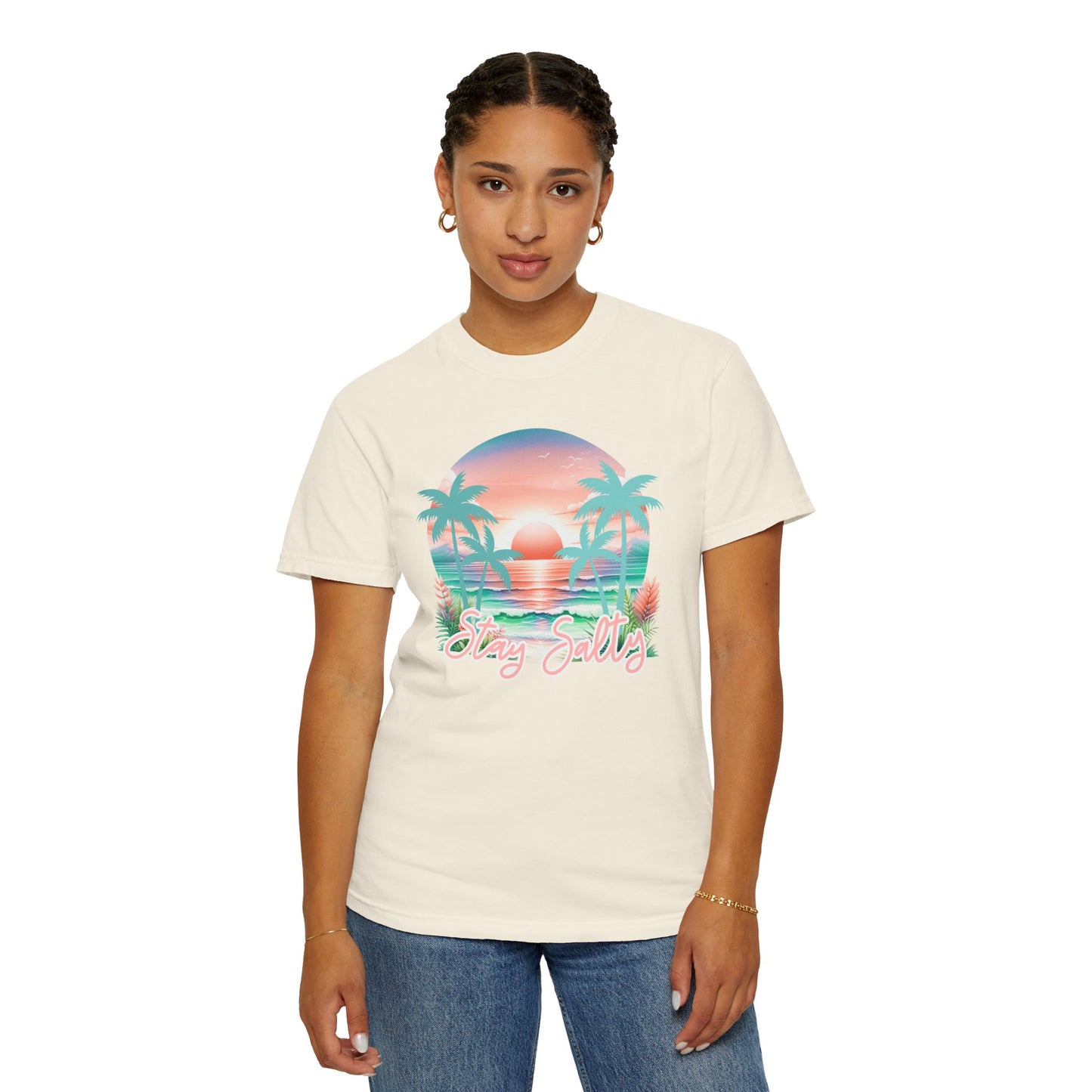 COMFORT COLORS - Stay Salty Beach T-Shirt — Retro Sunset Palm Tee