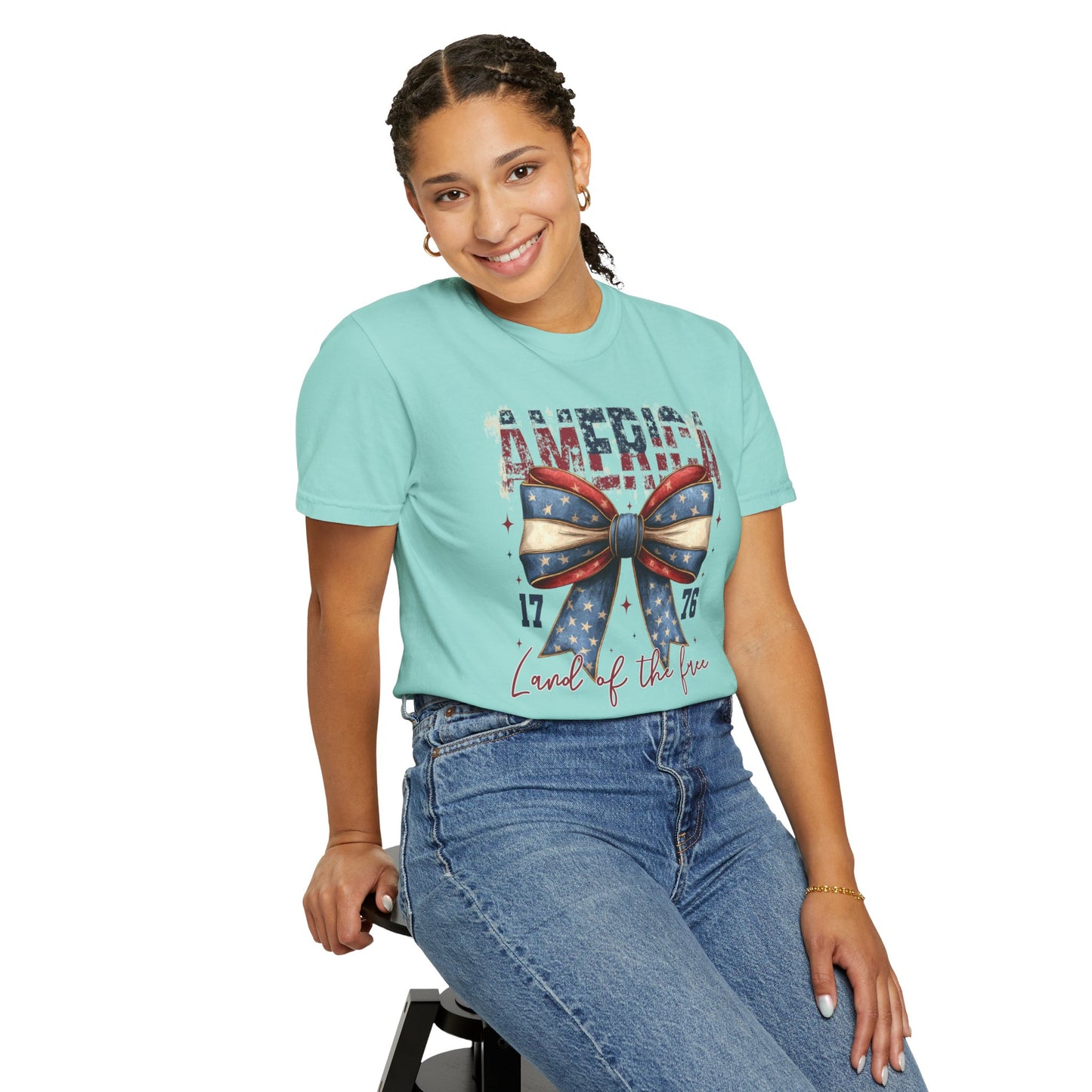 COMFORT OLORS - Patriotic America Bow T-Shirt — "America 1776 Land of the Free" Fourth of July Tee