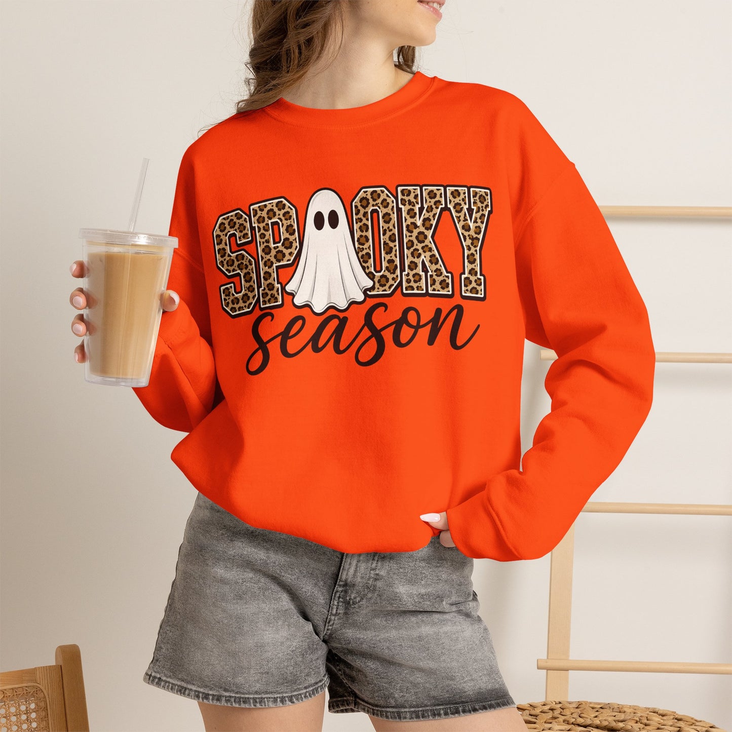 GILDAN - Spooky Season Sweatshirt — Leopard Print Ghost Halloween Crewneck