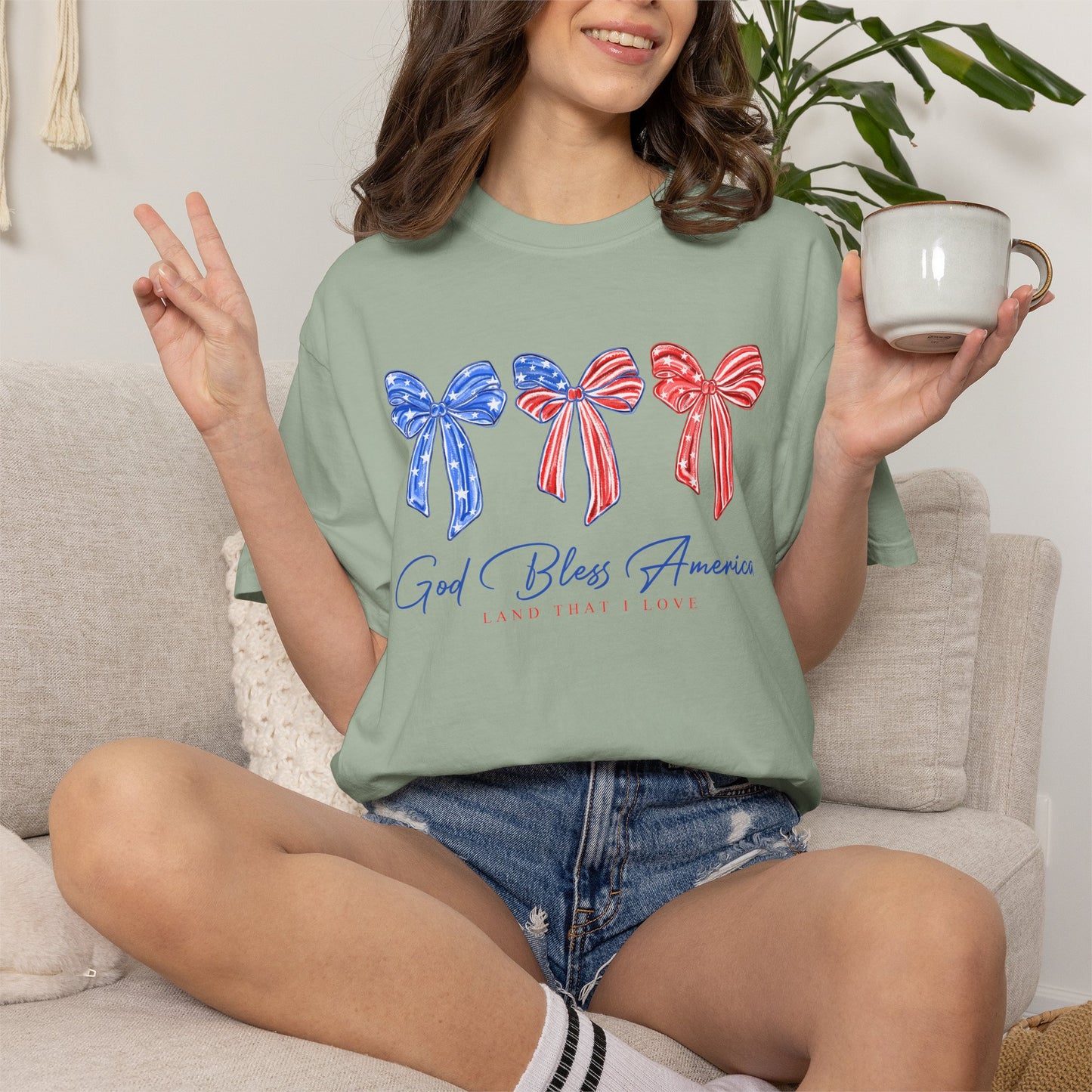 God Bless America Patriotic T-Shirt — Red, White & Blue Bow Design