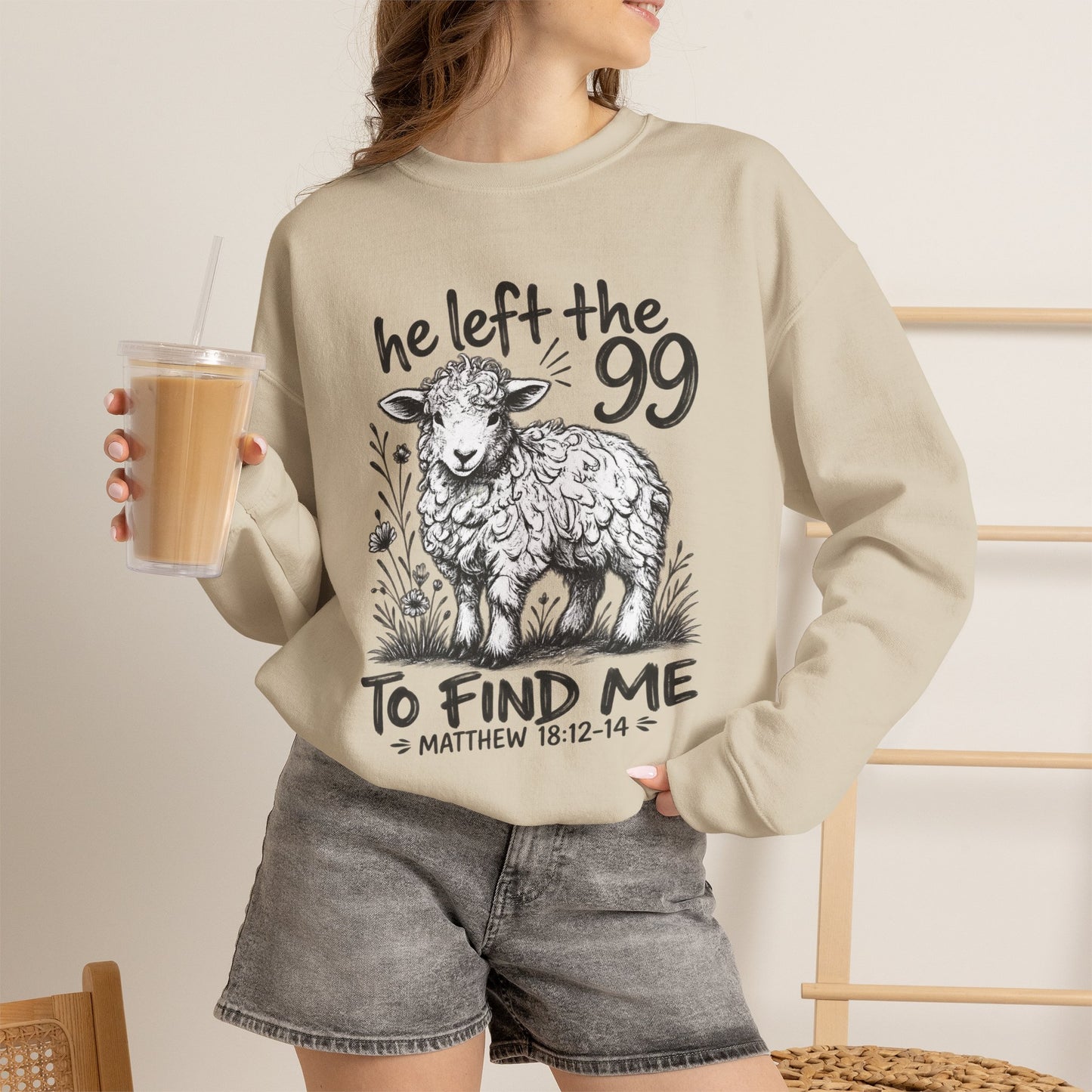 GILDAN - Christian Crewneck Sweatshirt — "He Left the 99 to Find Me" Lamb Graphic