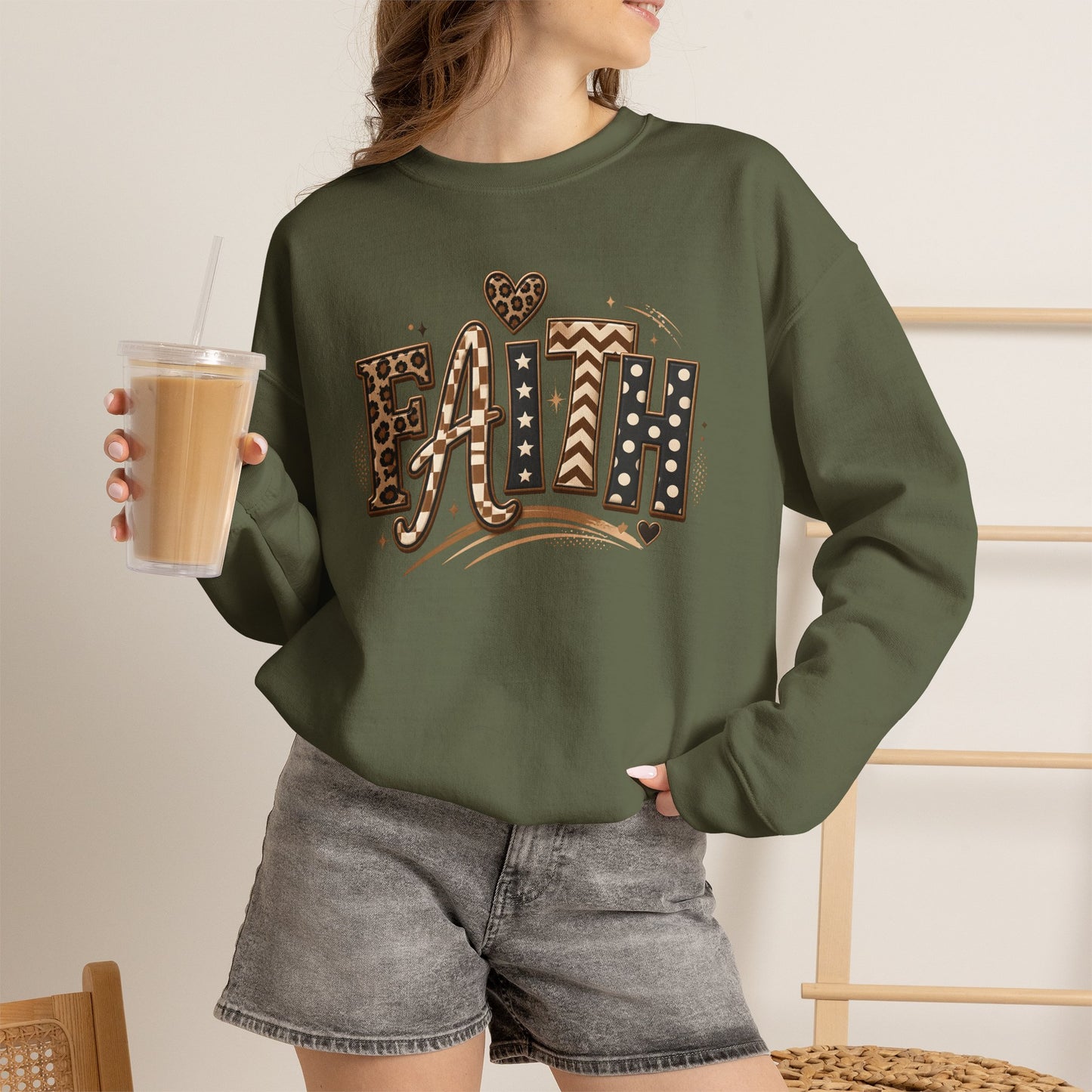 GILDAN - Faith Leopard Print Crewneck Sweatshirt