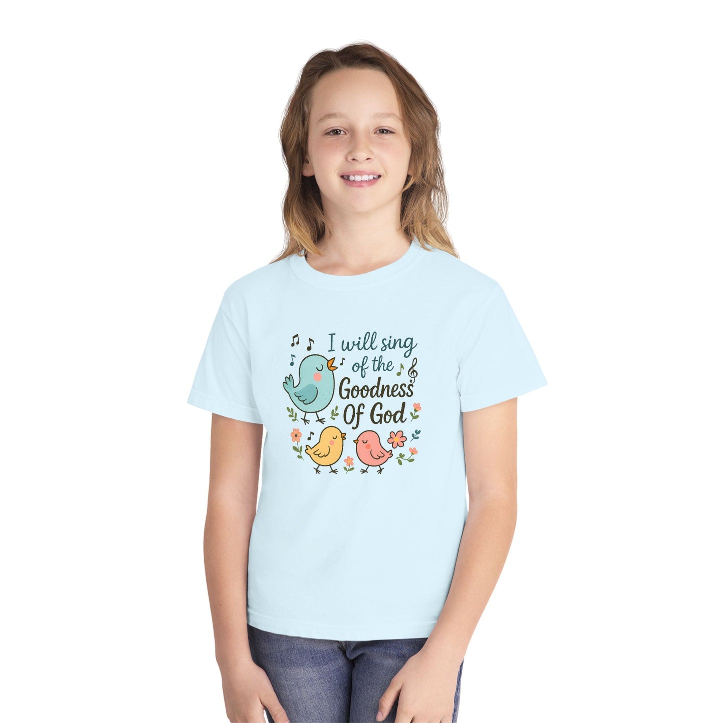 COMFORT COLORS - Youth Tee — "I Will Sing of the Goodness of God" Cute Bird Christian Kids Shirt
