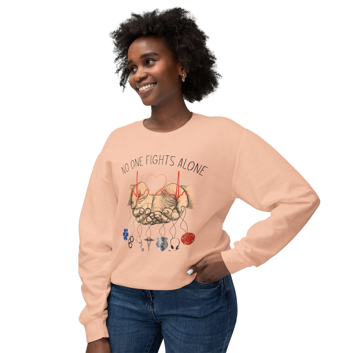 COMFORT COLORS -Crewneck Sweatshirt — "No One Fights Alone" Hands & Medical Symbols Support Pullover