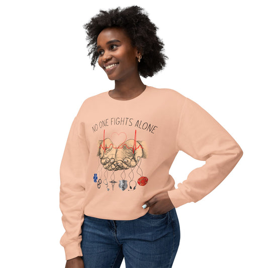 COMFORT COLORS -Crewneck Sweatshirt — "No One Fights Alone" Hands & Medical Symbols Support Pullover