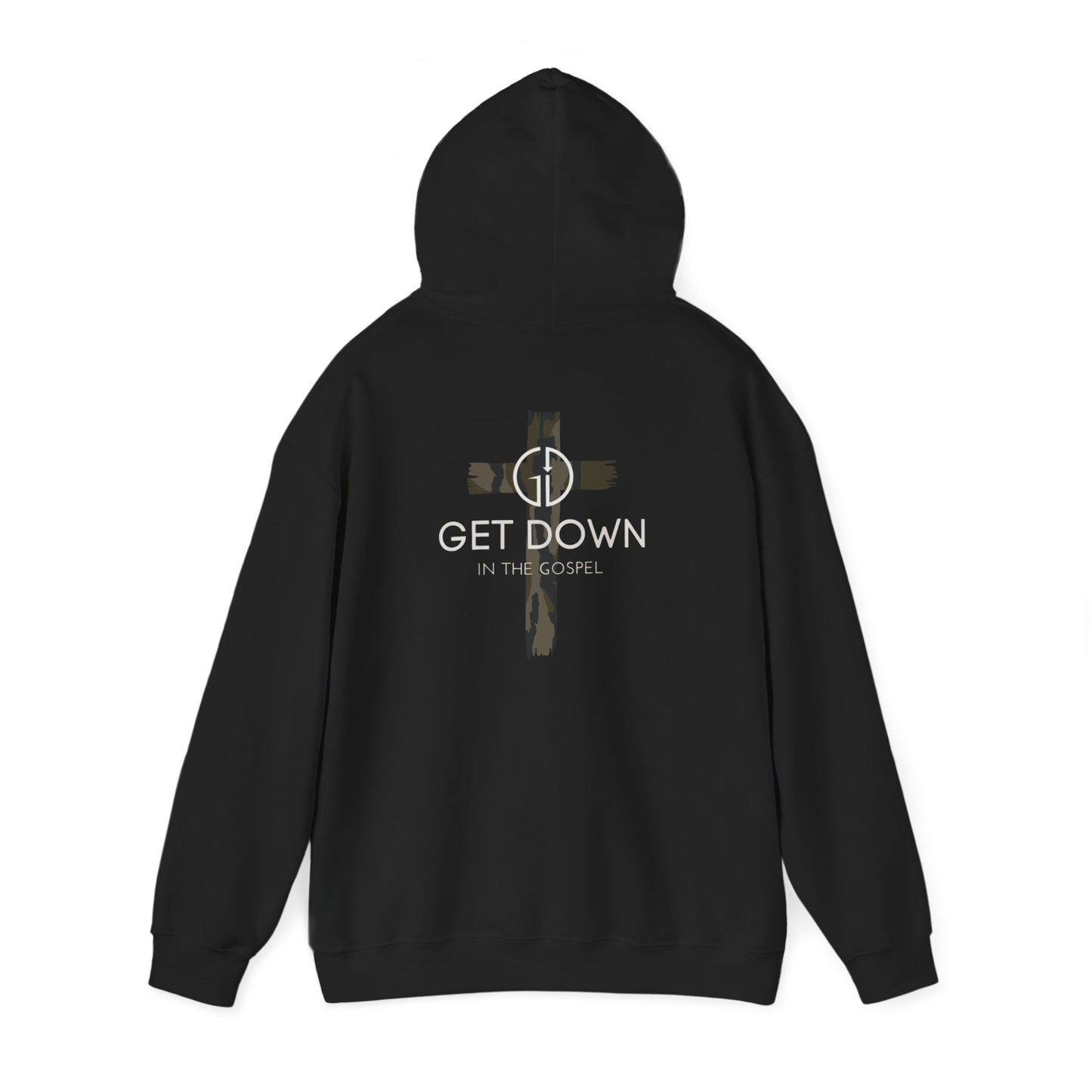 GET DOWN IN THE GOSPEL ADULT HOODIE GREEN CAMO CROSS