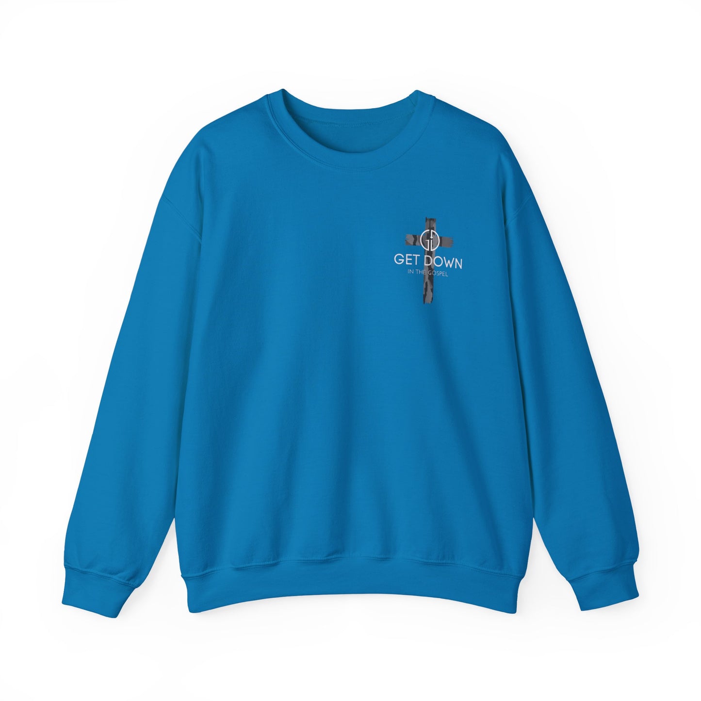 GILDAN - GET DOWN IN THE GOSPEL ADULT SWEATSHIRT GRAY CAMO CROSS