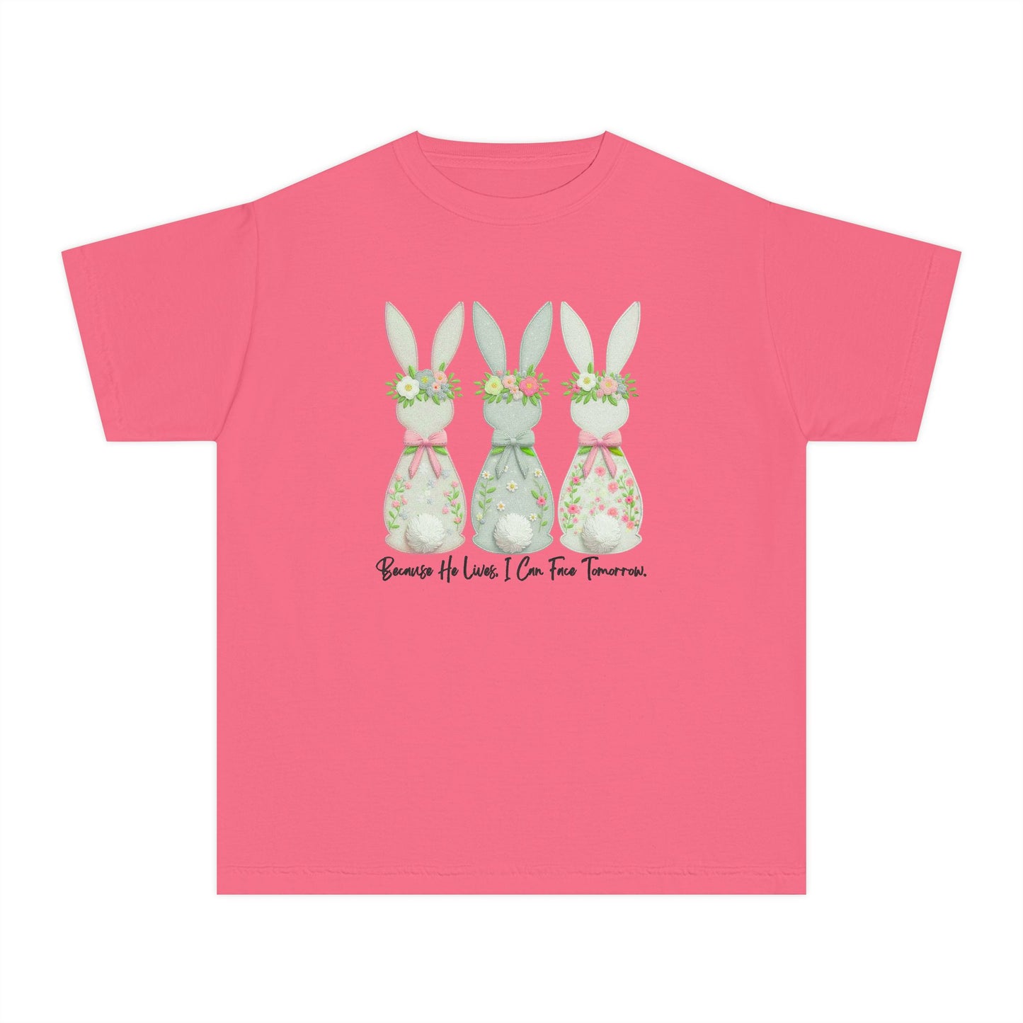 COMFORT COLORS - Easter Floral Bunny Youth Tee — 'Because He Lives'