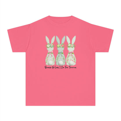 COMFORT COLORS - Easter Floral Bunny Youth Tee — 'Because He Lives'