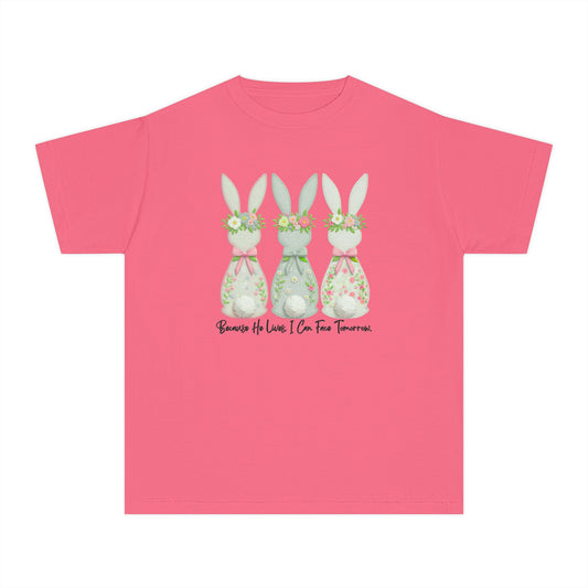COMFORT COLORS - Easter Floral Bunny Youth Tee — 'Because He Lives'