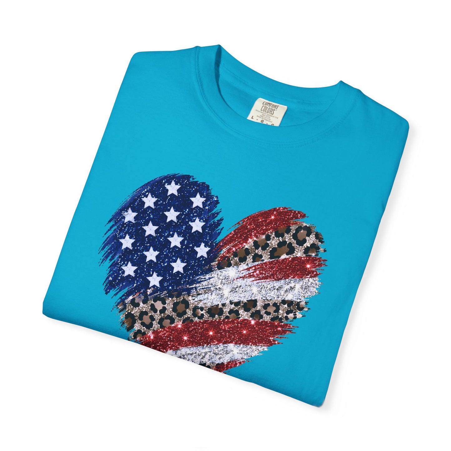COMFORT COLORS - Patriotic Leopard Flag Heart T-Shirt — American Flag Heart Graphic Tee