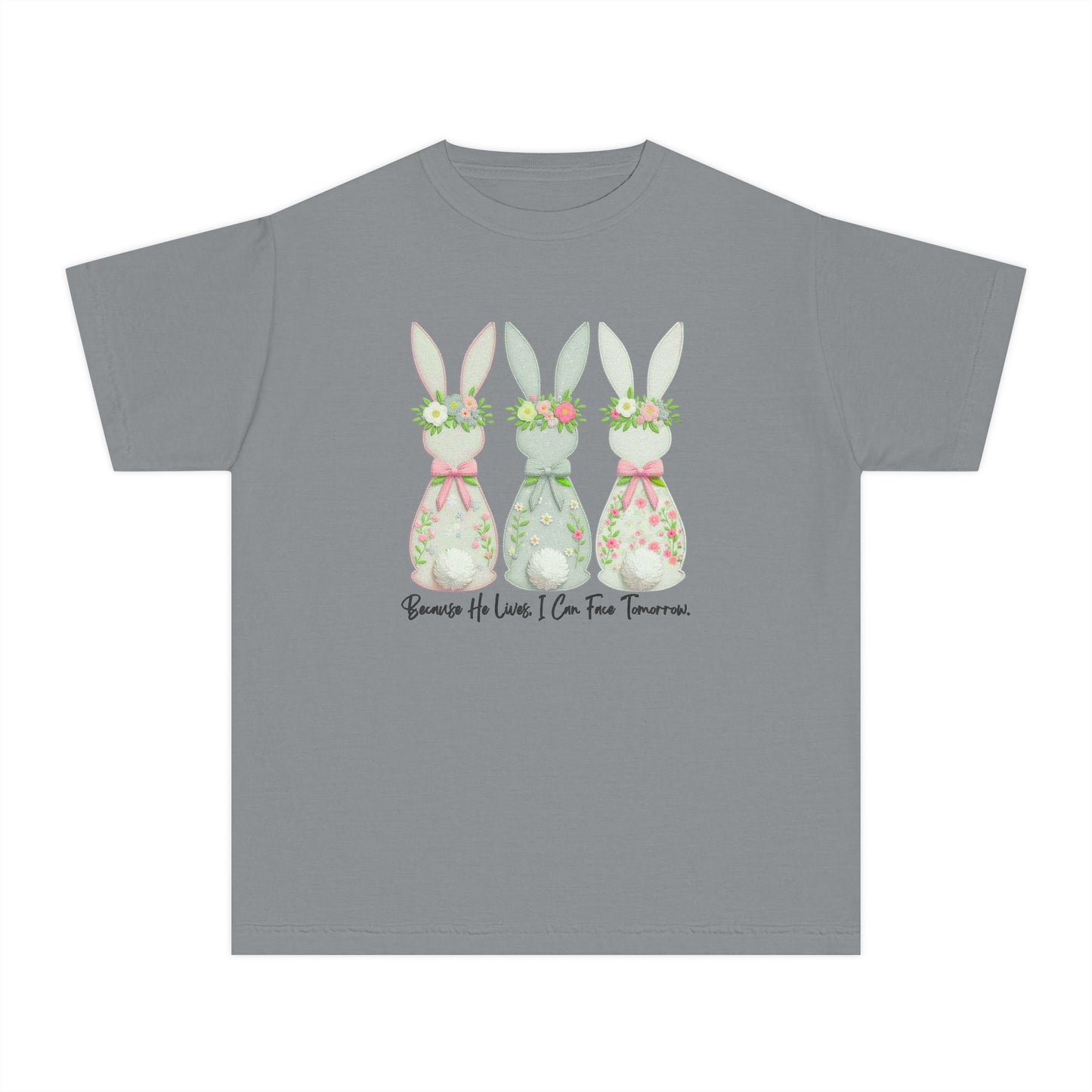 COMFORT COLORS - Easter Floral Bunny Youth Tee — 'Because He Lives'