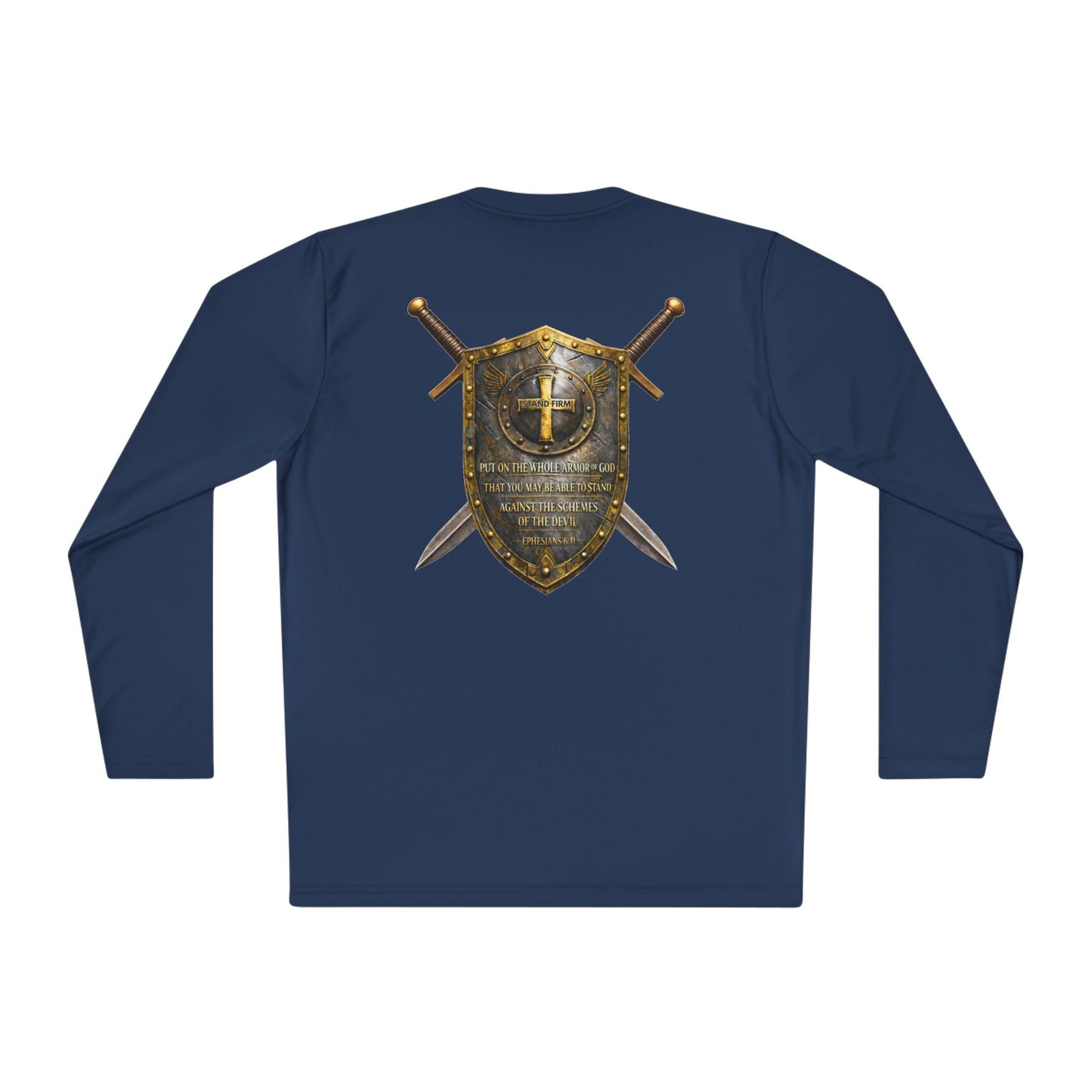 Christian Shield & Swords Long Sleeve Tee — "Get Down on Your Knees" Faith Graphic