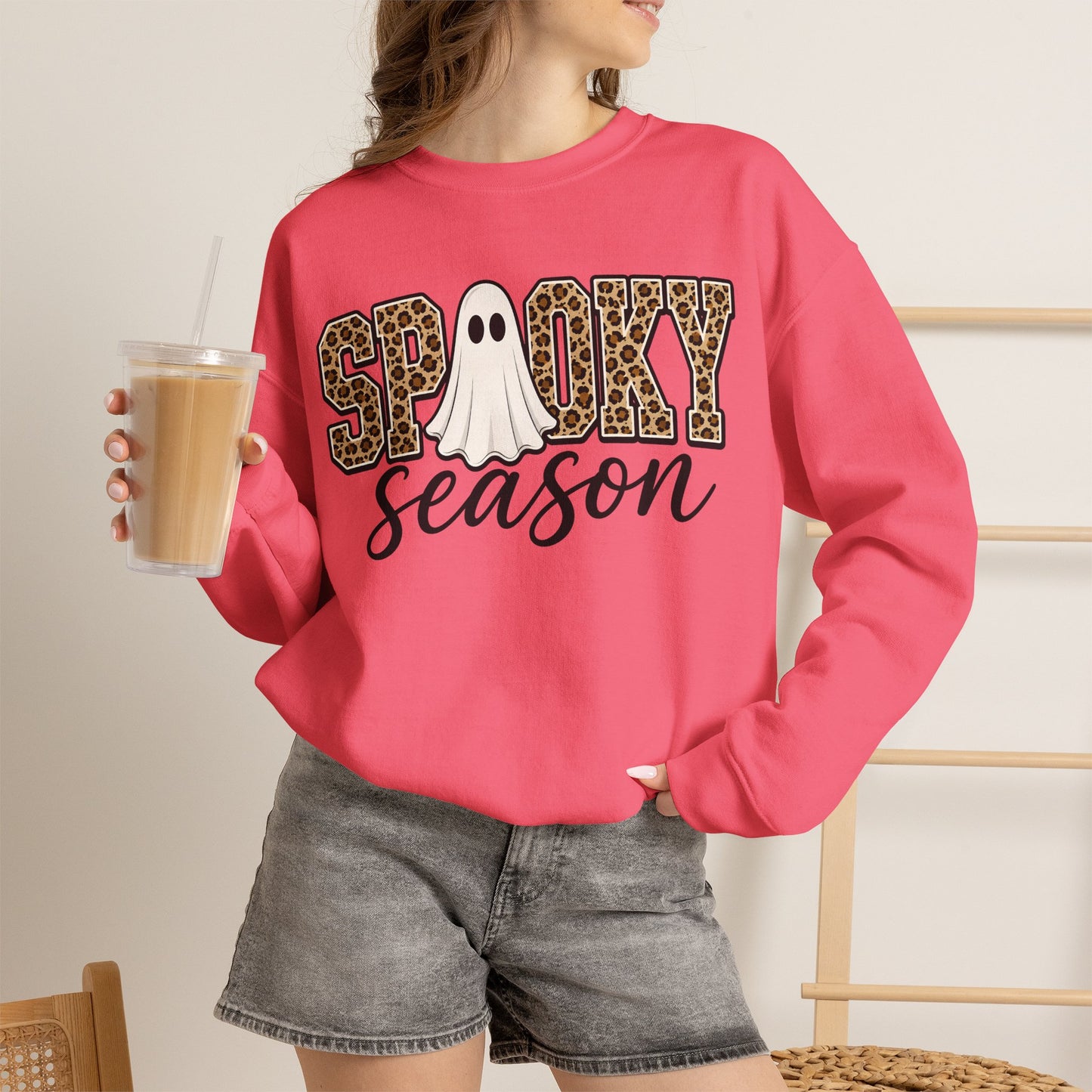 GILDAN - Spooky Season Sweatshirt — Leopard Print Ghost Halloween Crewneck