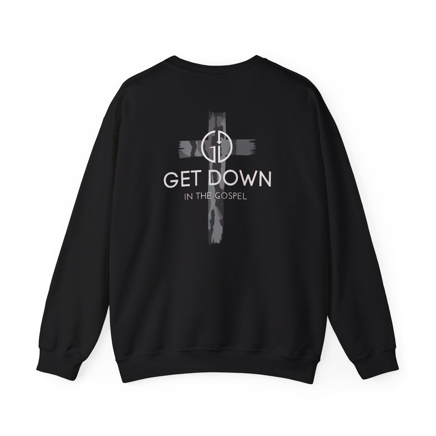 GILDAN - GET DOWN IN THE GOSPEL ADULT SWEATSHIRT GRAY CAMO CROSS