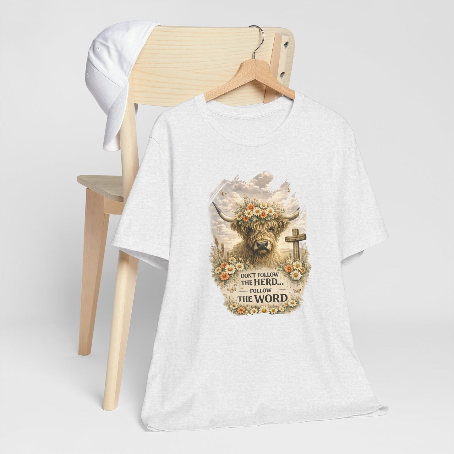 Christian Cow Graphic Tee - "Don't Follow the Herd, Follow the Word" Floral Cross T-Shirt