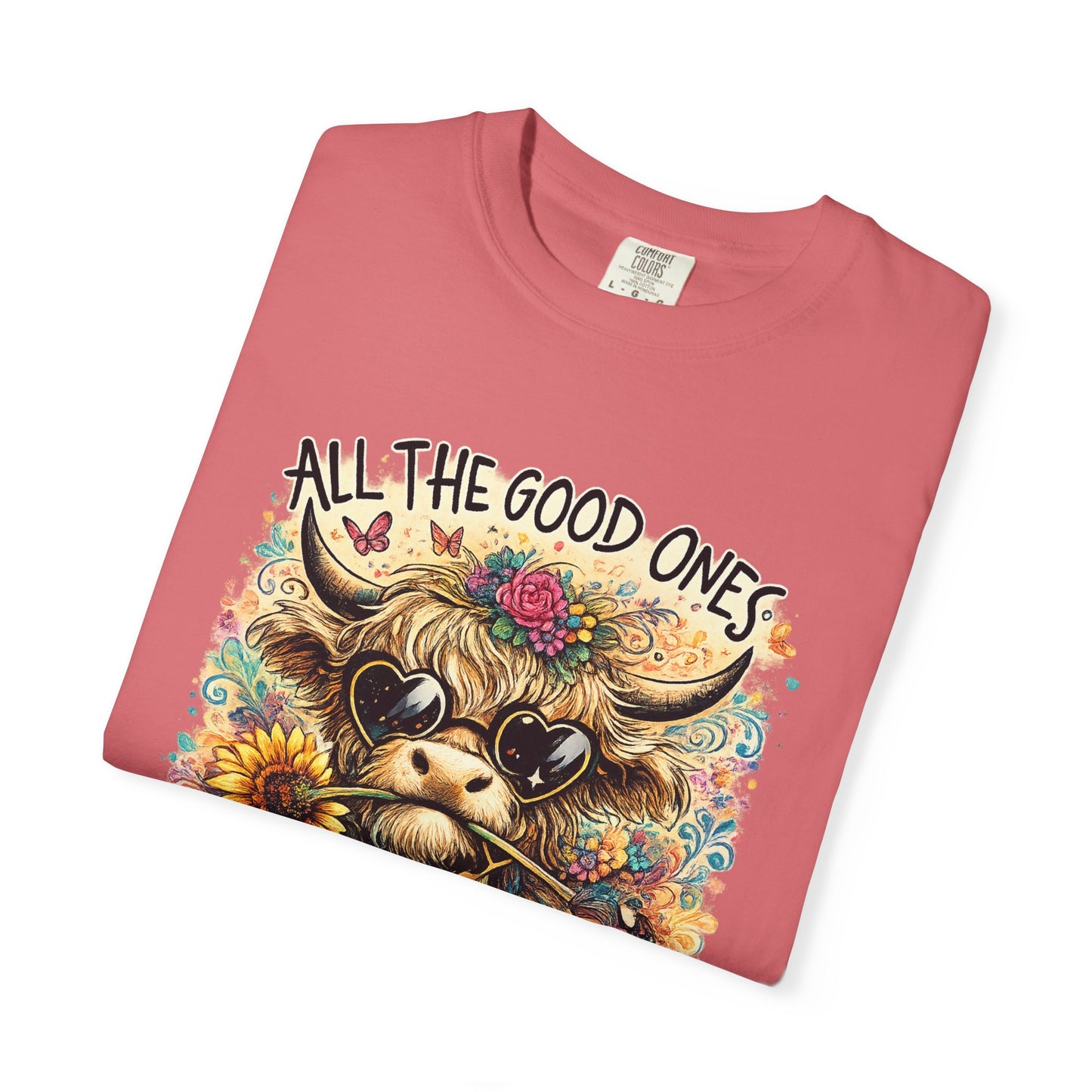 COMFORT COLORS - Cow Graphic T-Shirt — "All the Good Ones Are a Little Crazy" Floral Sunflower Design