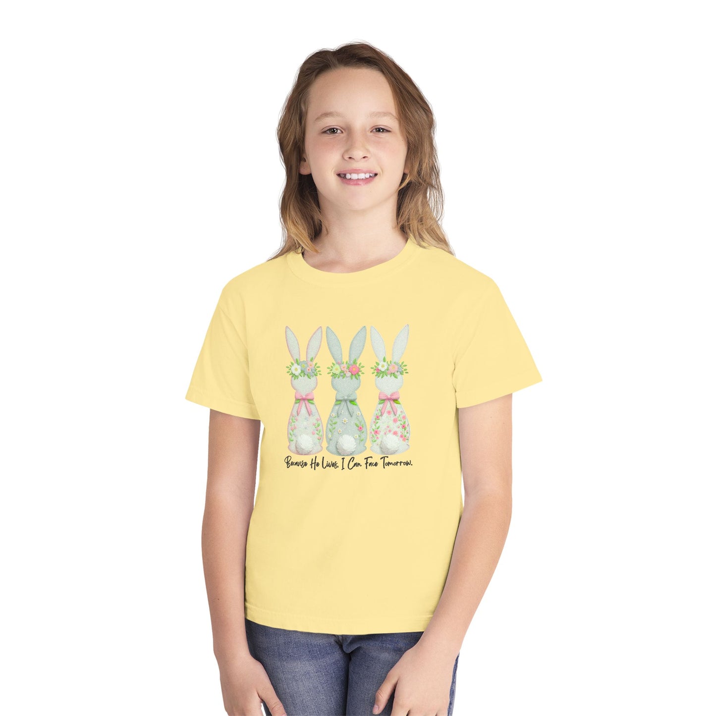 COMFORT COLORS - Easter Floral Bunny Youth Tee — 'Because He Lives'