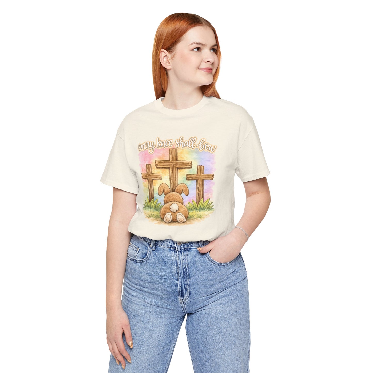 BELLA  CANVAS - Easter Bunny Kneeling at Crosses T‑Shirt — Christian Easter Faith Tee
