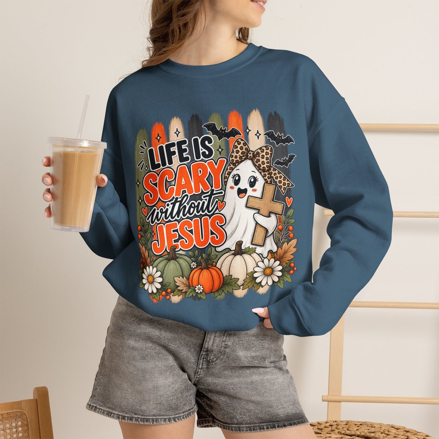 GILDAN - Christian Halloween Sweatshirt — "Life Is Scary Without Jesus" Fall Crewneck