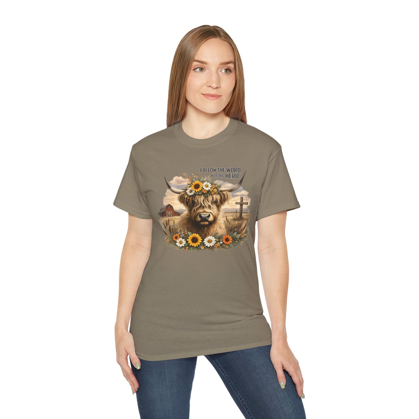 Cow Floral Tee — "Follow the Word, Not the Herd" Graphic T-Shirt