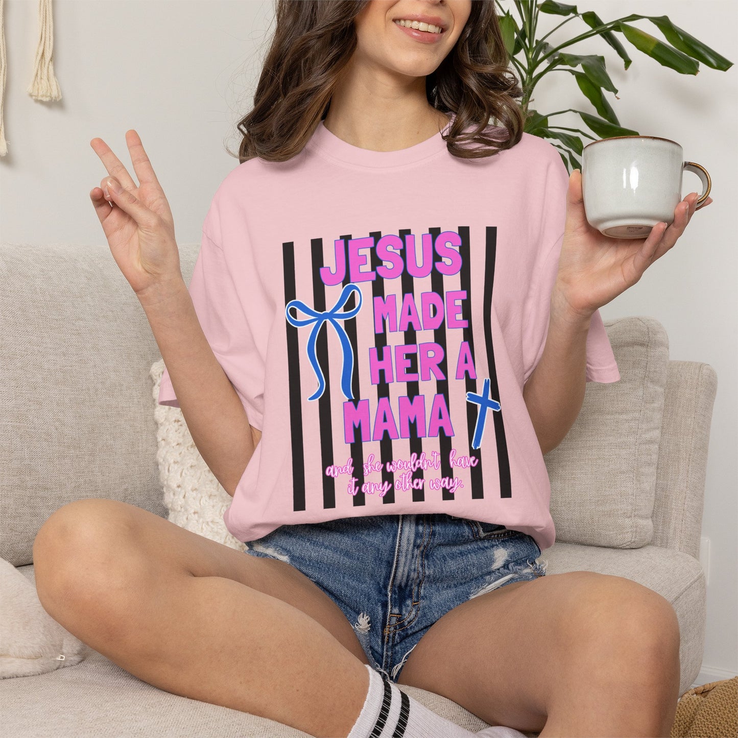 Jesus Made Her a Mama T-Shirt — Christian Mom Tee (Pink & Blue Ribbon)
