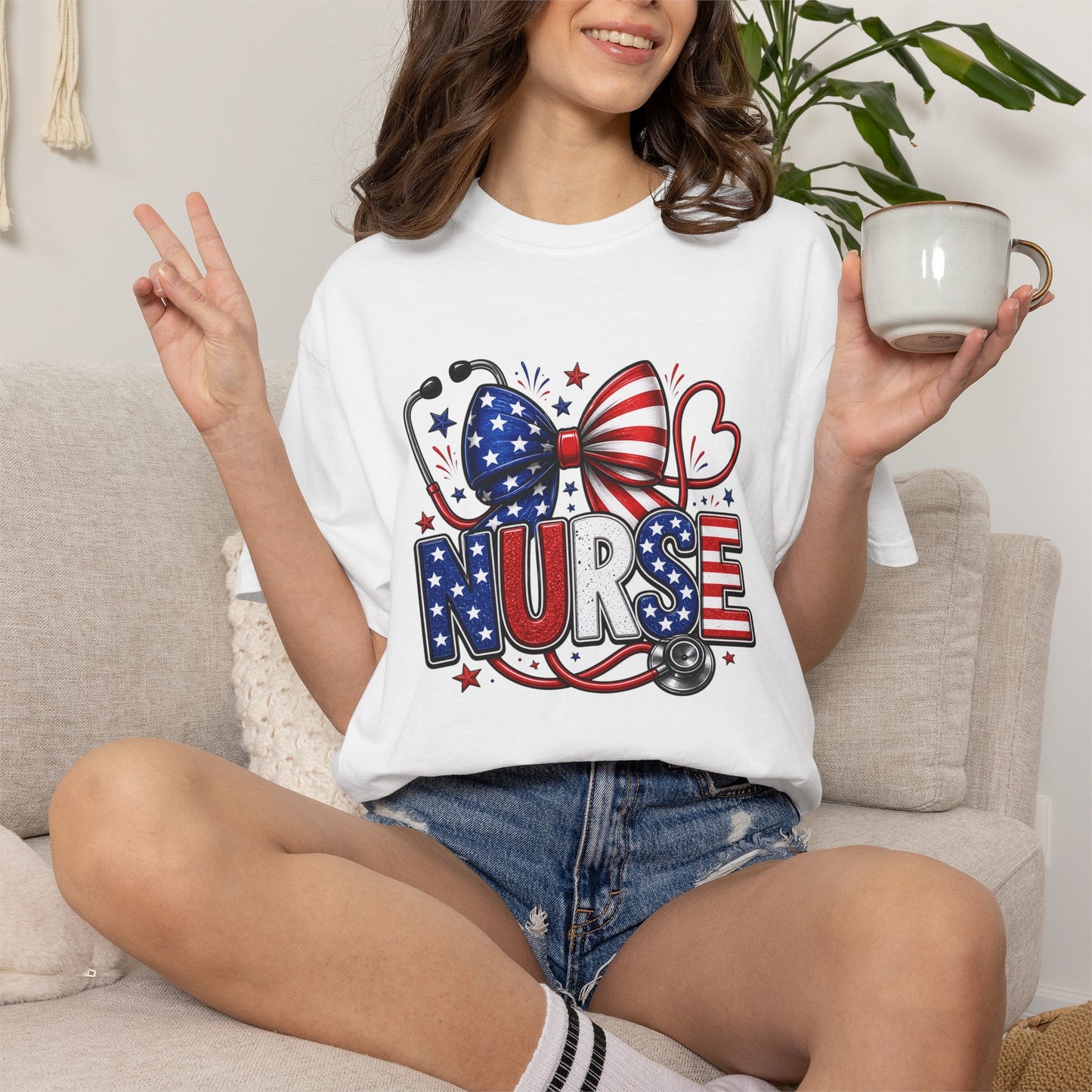 COMFORT COLORS - American Flag Nurse T-Shirt – Patriotic Stethoscope & Bow Healthcare Tee