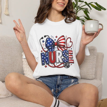 COMFORT COLORS - American Flag Nurse T-Shirt – Patriotic Stethoscope & Bow Healthcare Tee