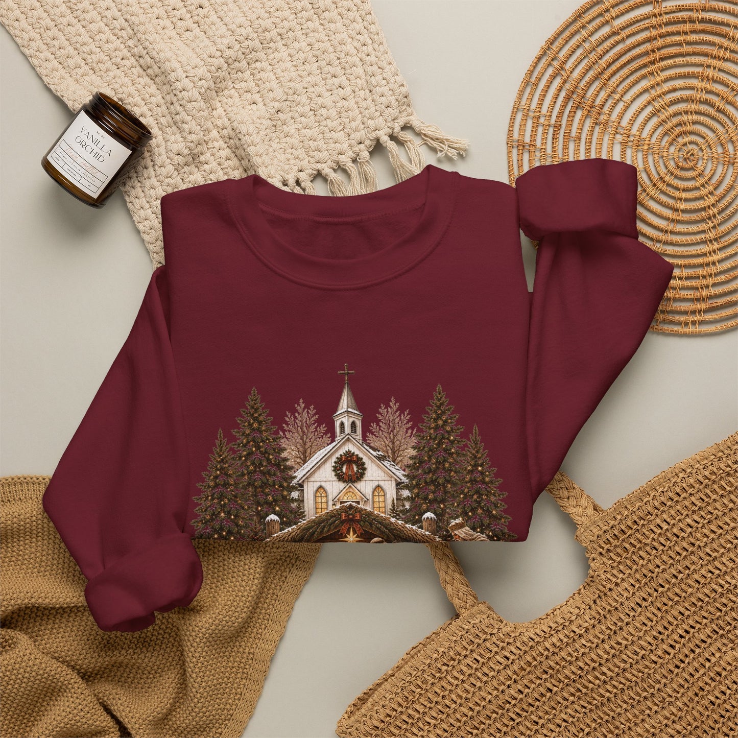 GILDAN - Nativity Scene Crewneck Sweatshirt - "Come Let Us Adore Him" Christmas Pullover