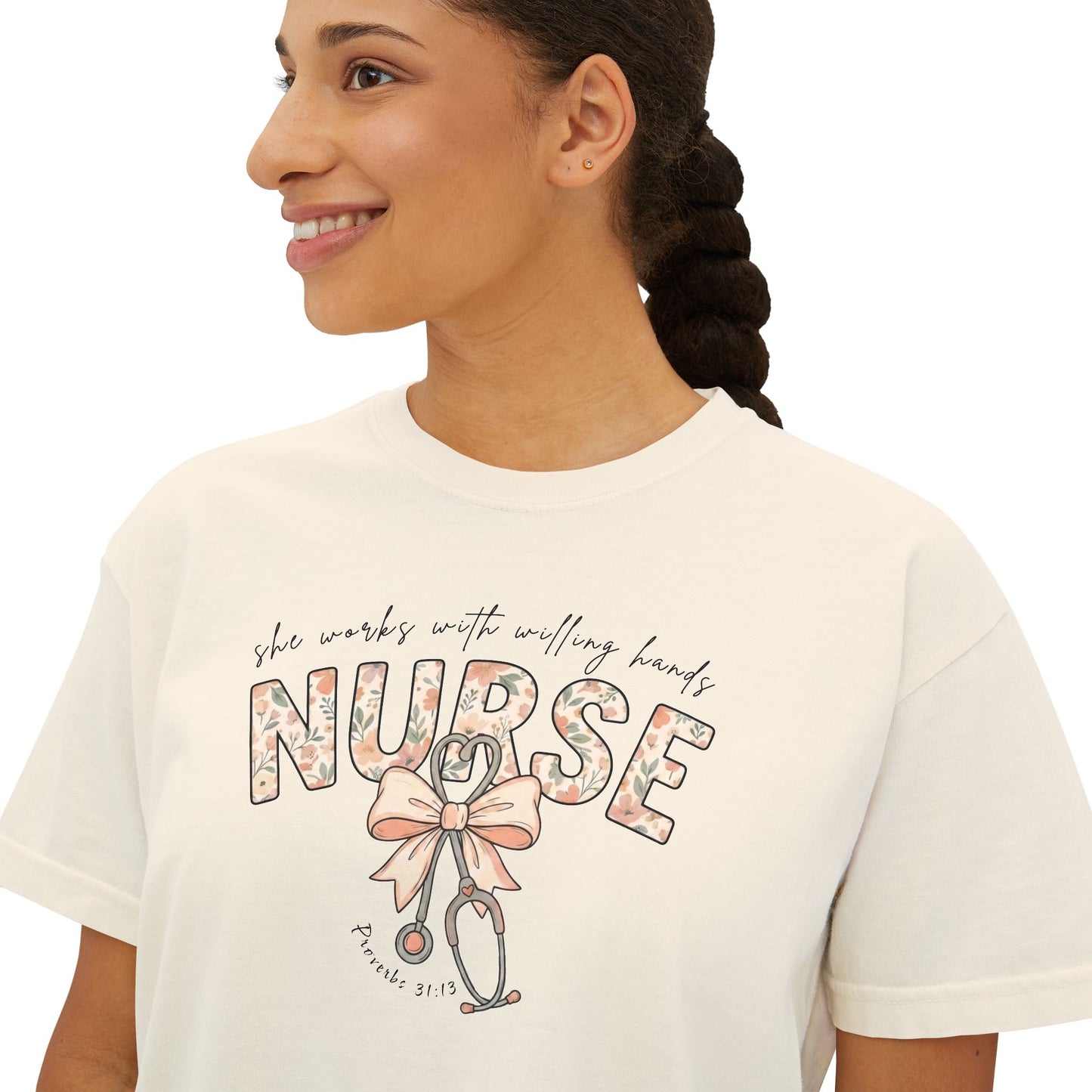 COMFORT COLOR - Nurse Boxy Tee — Floral Stethoscope Graphic for Women, "Nurse" Gift