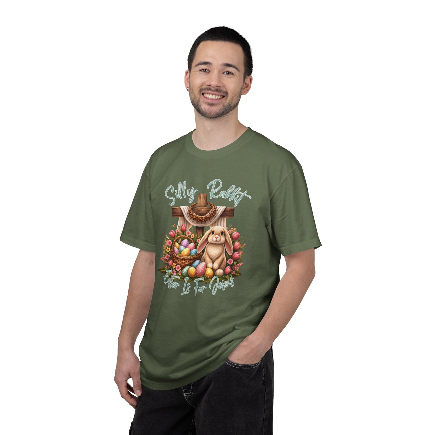 COMFORT COLORS -  Silly Rabbit Easter Bunny T-shirt | Pastel Eggs, Basket, Cross Back Print
